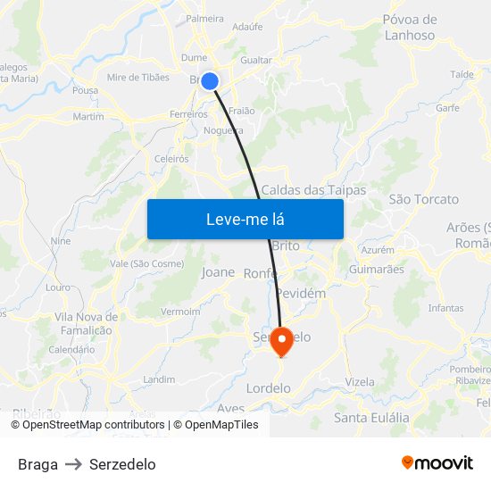 Braga to Serzedelo map