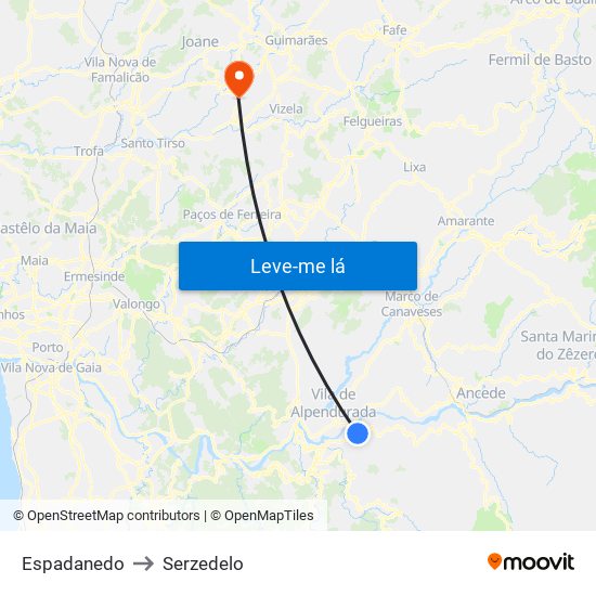 Espadanedo to Serzedelo map