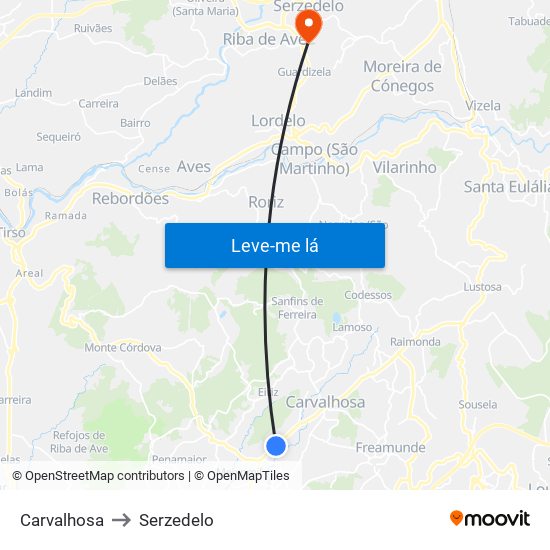 Carvalhosa to Serzedelo map