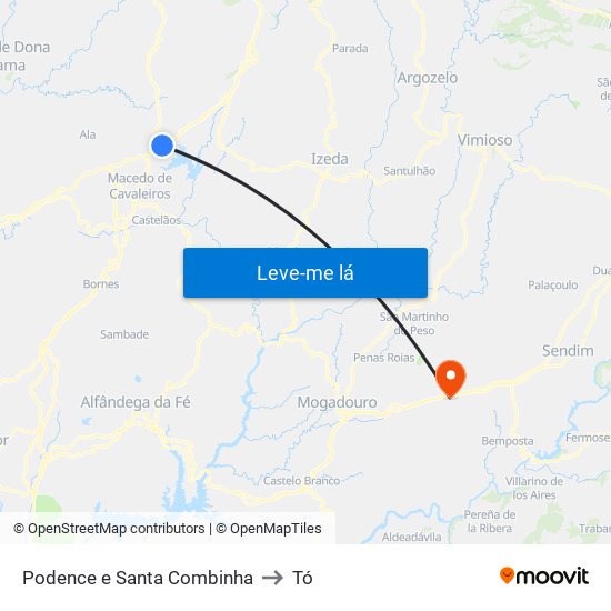 Podence e Santa Combinha to Tó map