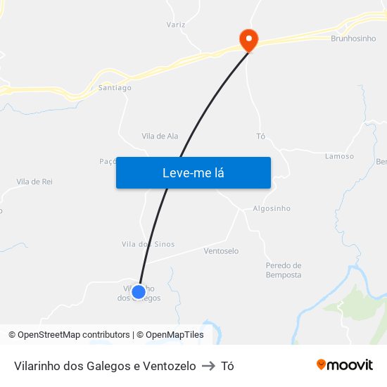 Vilarinho dos Galegos e Ventozelo to Tó map