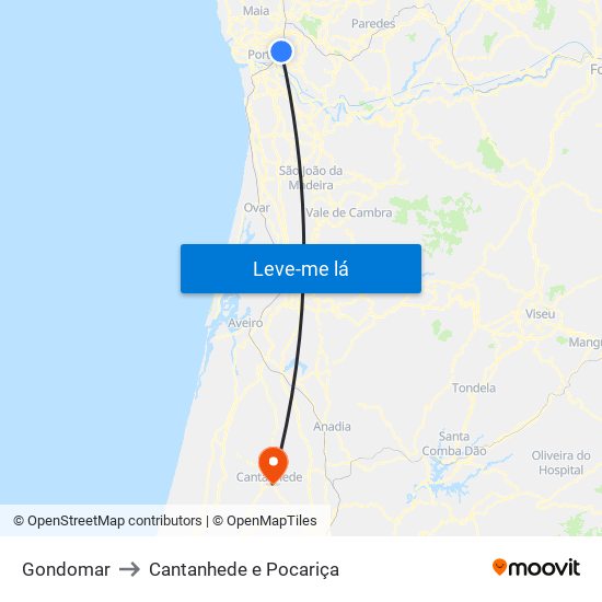 Gondomar to Cantanhede e Pocariça map