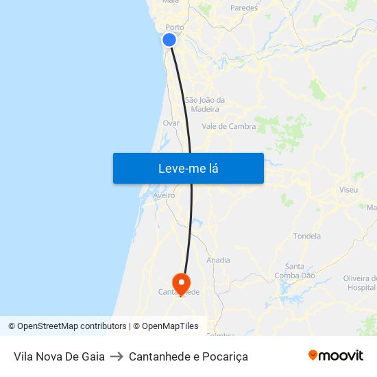 Vila Nova De Gaia to Cantanhede e Pocariça map