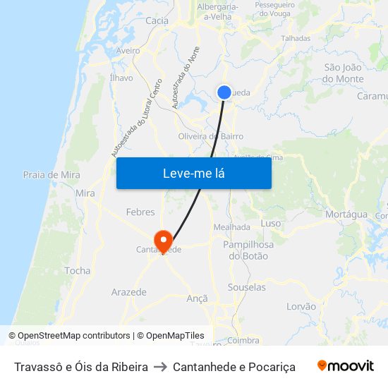 Travassô e Óis da Ribeira to Cantanhede e Pocariça map