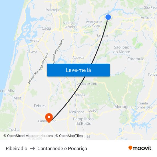 Ribeiradio to Cantanhede e Pocariça map