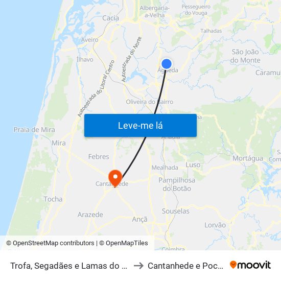 Trofa, Segadães e Lamas do Vouga to Cantanhede e Pocariça map