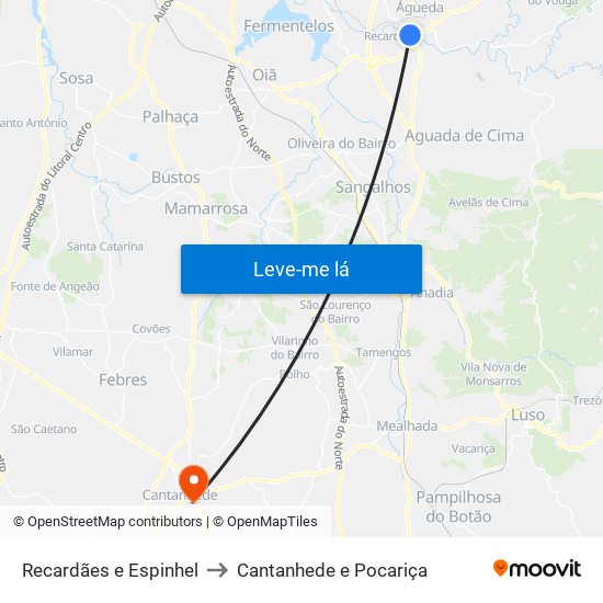 Recardães e Espinhel to Cantanhede e Pocariça map