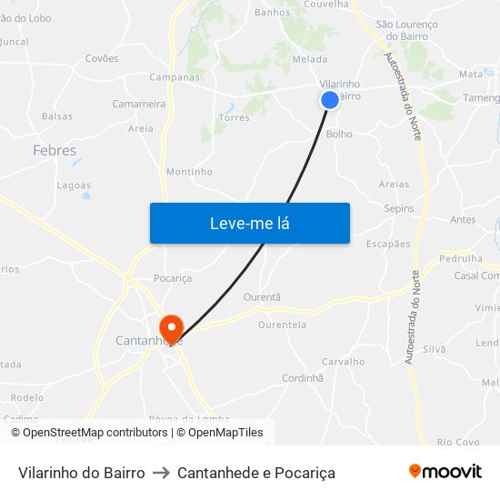 Vilarinho do Bairro to Cantanhede e Pocariça map