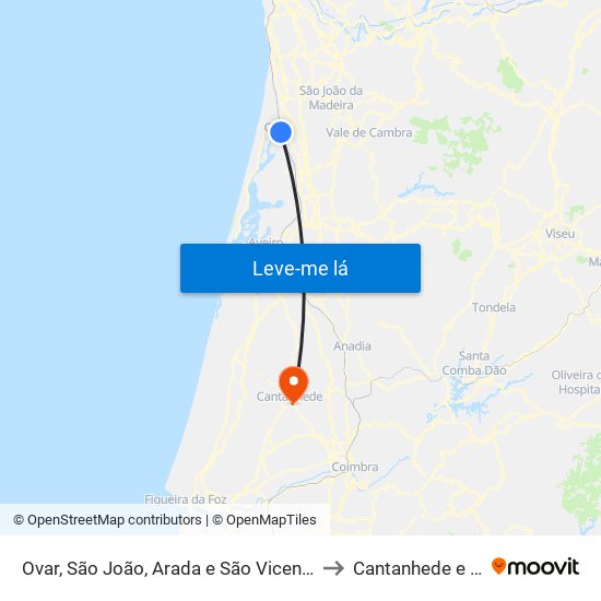 Ovar, São João, Arada e São Vicente de Pereira Jusã to Cantanhede e Pocariça map