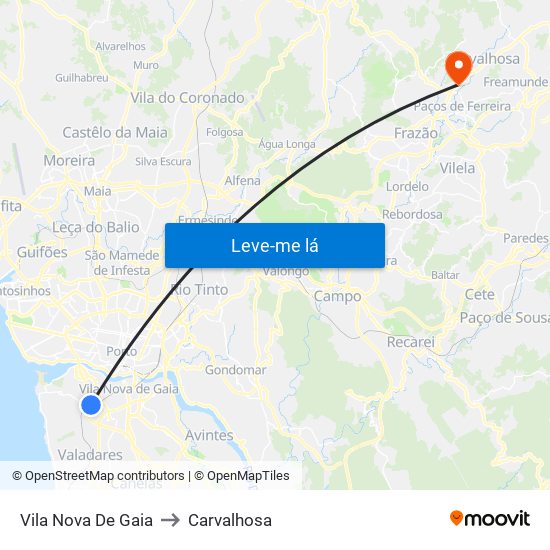 Vila Nova De Gaia to Carvalhosa map