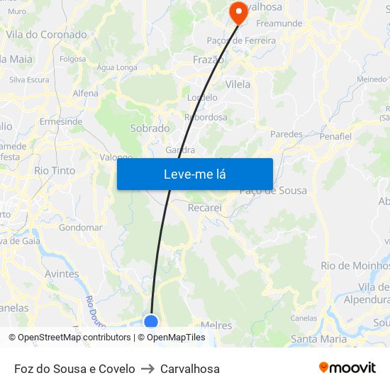 Foz do Sousa e Covelo to Carvalhosa map