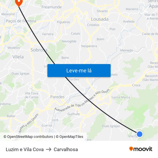 Luzim e Vila Cova to Carvalhosa map