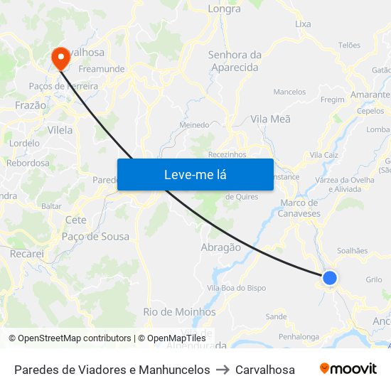 Paredes de Viadores e Manhuncelos to Carvalhosa map