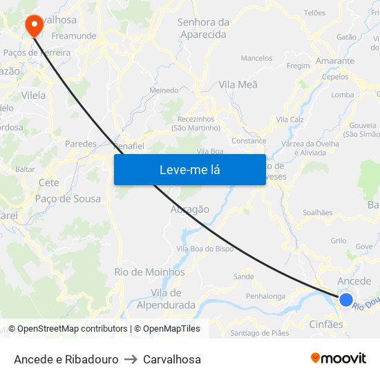 Ancede e Ribadouro to Carvalhosa map
