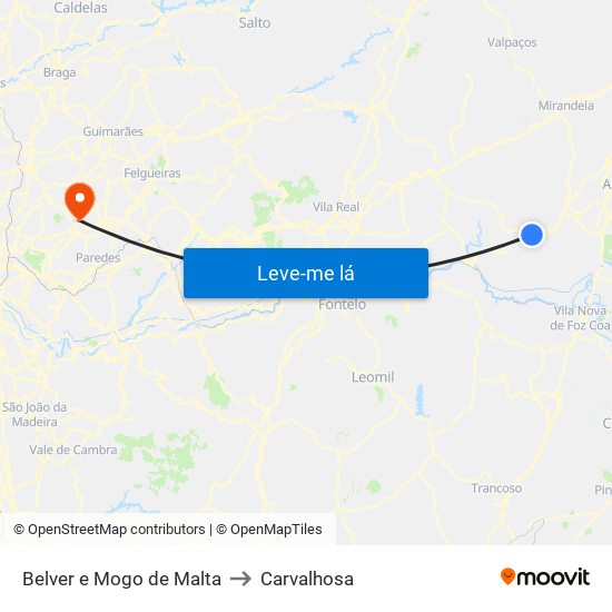 Belver e Mogo de Malta to Carvalhosa map