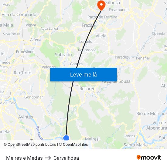Melres e Medas to Carvalhosa map