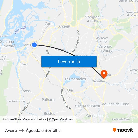 Aveiro to Águeda e Borralha map