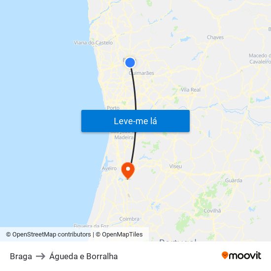 Braga to Águeda e Borralha map