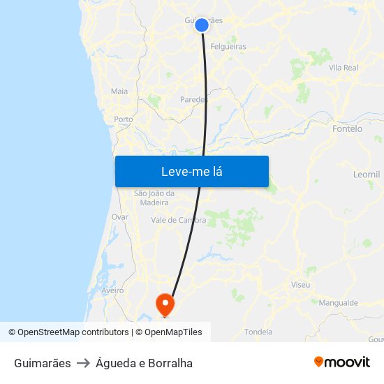 Guimarães to Águeda e Borralha map