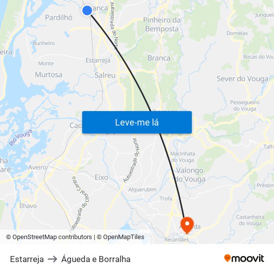 Estarreja to Águeda e Borralha map