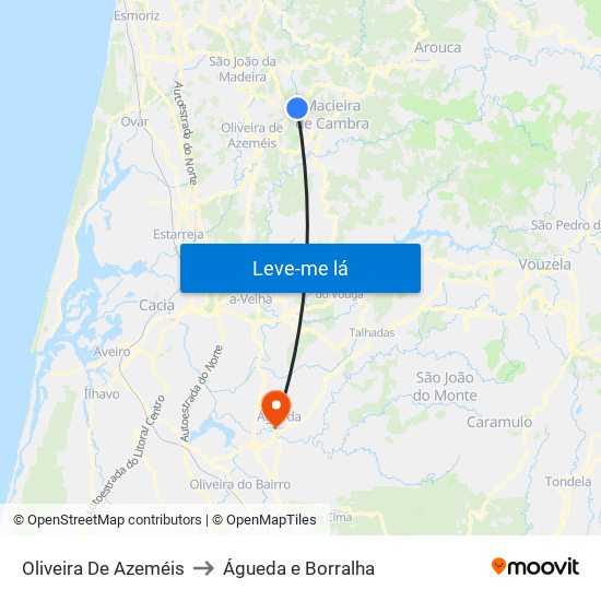 Oliveira De Azeméis to Águeda e Borralha map