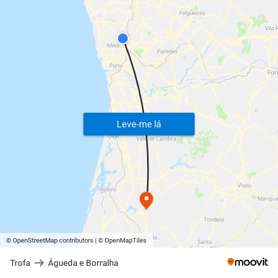 Trofa to Águeda e Borralha map