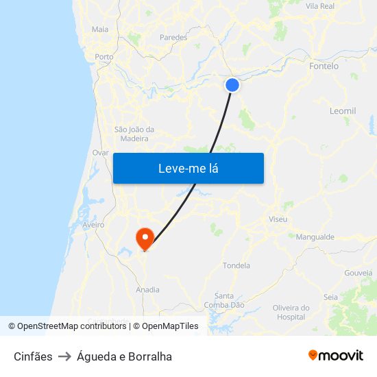 Cinfães to Águeda e Borralha map