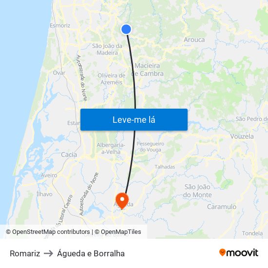 Romariz to Águeda e Borralha map