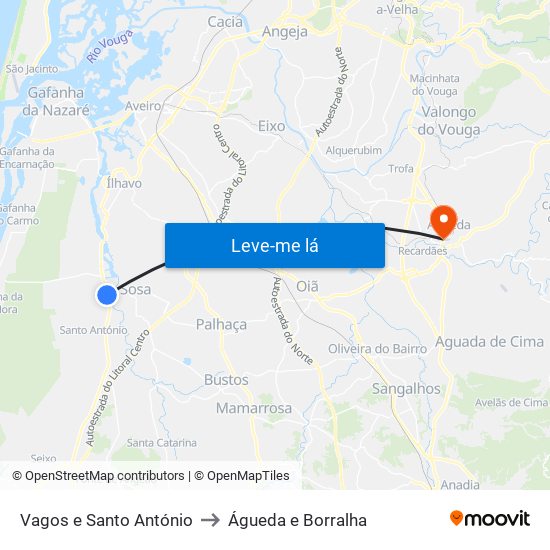 Vagos e Santo António to Águeda e Borralha map