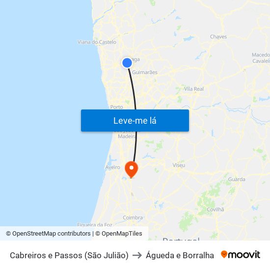 Cabreiros e Passos (São Julião) to Águeda e Borralha map