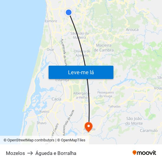 Mozelos to Águeda e Borralha map