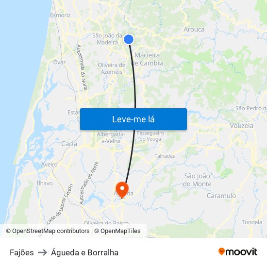 Fajões to Águeda e Borralha map