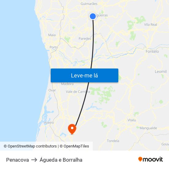 Penacova to Águeda e Borralha map