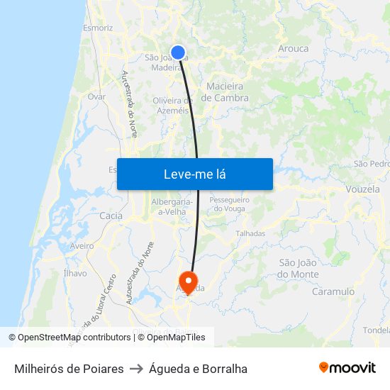 Milheirós de Poiares to Águeda e Borralha map