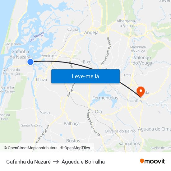 Gafanha da Nazaré to Águeda e Borralha map