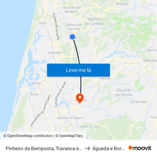Pinheiro da Bemposta, Travanca e Palmaz to Águeda e Borralha map