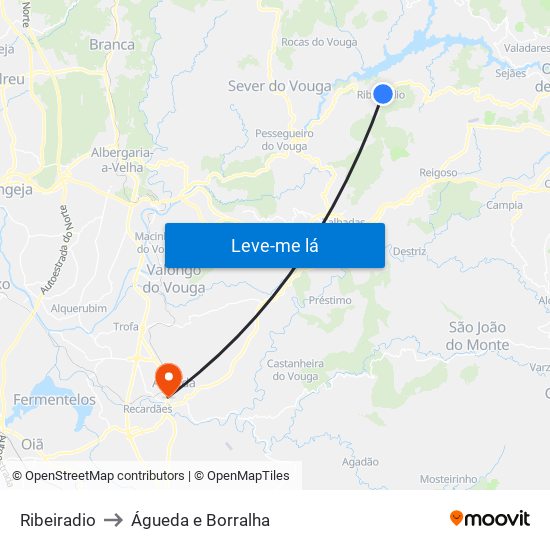 Ribeiradio to Águeda e Borralha map