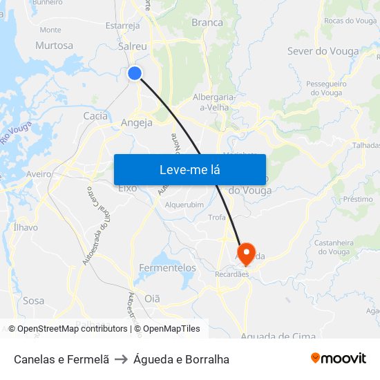 Canelas e Fermelã to Águeda e Borralha map