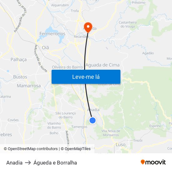 Anadia to Águeda e Borralha map