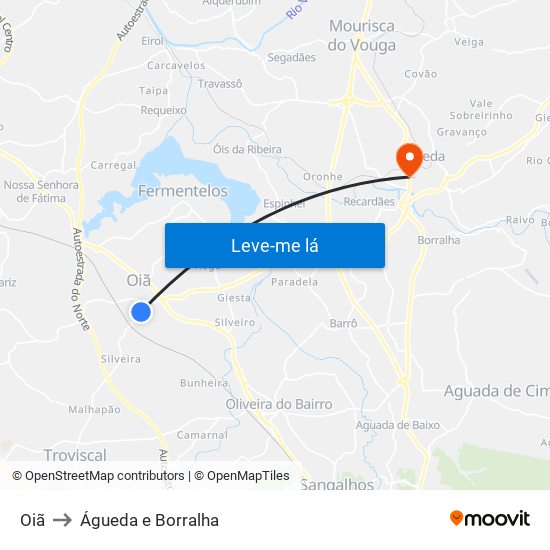 Oiã to Águeda e Borralha map