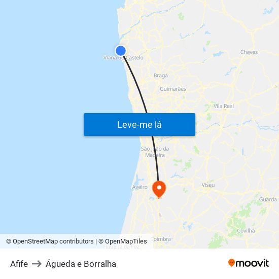 Afife to Águeda e Borralha map