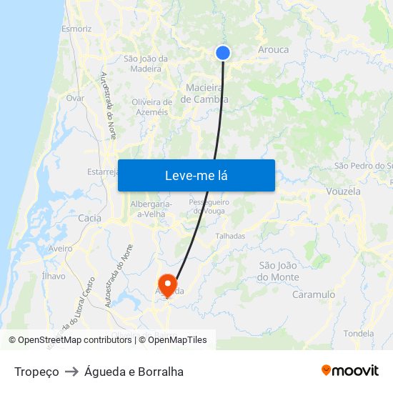 Tropeço to Águeda e Borralha map