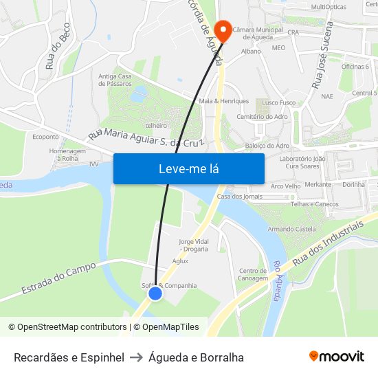 Recardães e Espinhel to Águeda e Borralha map