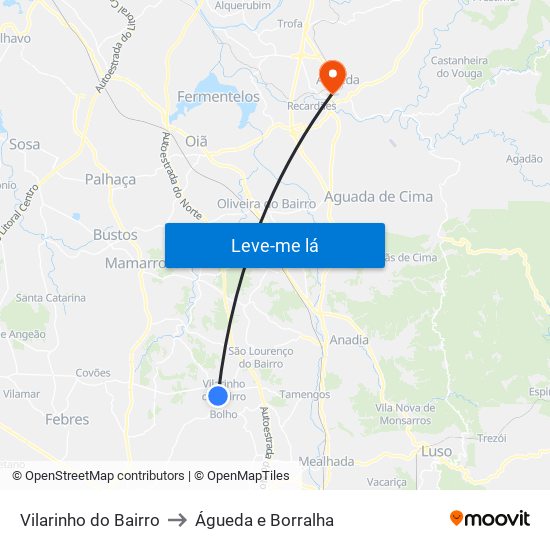 Vilarinho do Bairro to Águeda e Borralha map