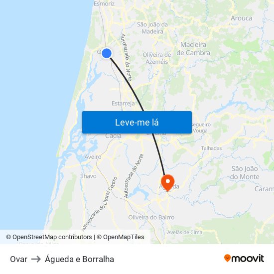 Ovar to Águeda e Borralha map