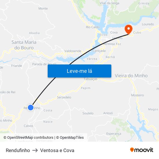 Rendufinho to Ventosa e Cova map