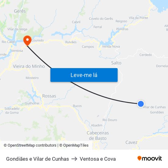 Gondiães e Vilar de Cunhas to Ventosa e Cova map