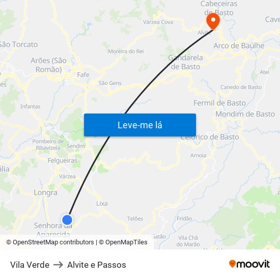 Vila Verde to Alvite e Passos map