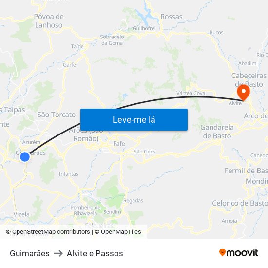 Guimarães to Alvite e Passos map