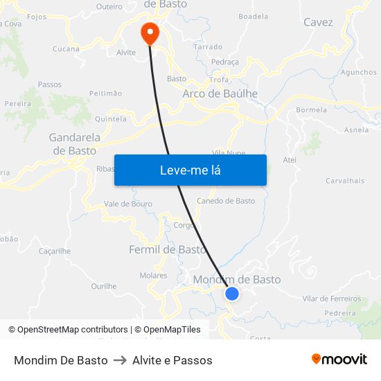 Mondim De Basto to Alvite e Passos map